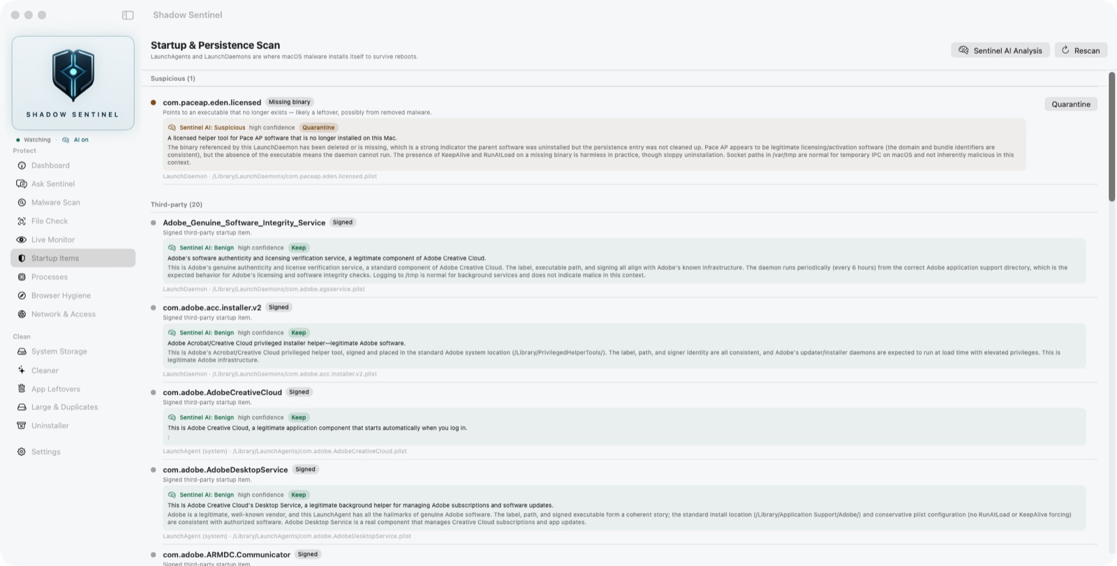 Shadow Sentinel's Startup Items tab: a leftover launch daemon flagged as suspicious with a missing binary, and Sentinel AI explaining in plain English what it is and recommending quarantine, above signed Adobe items marked benign.